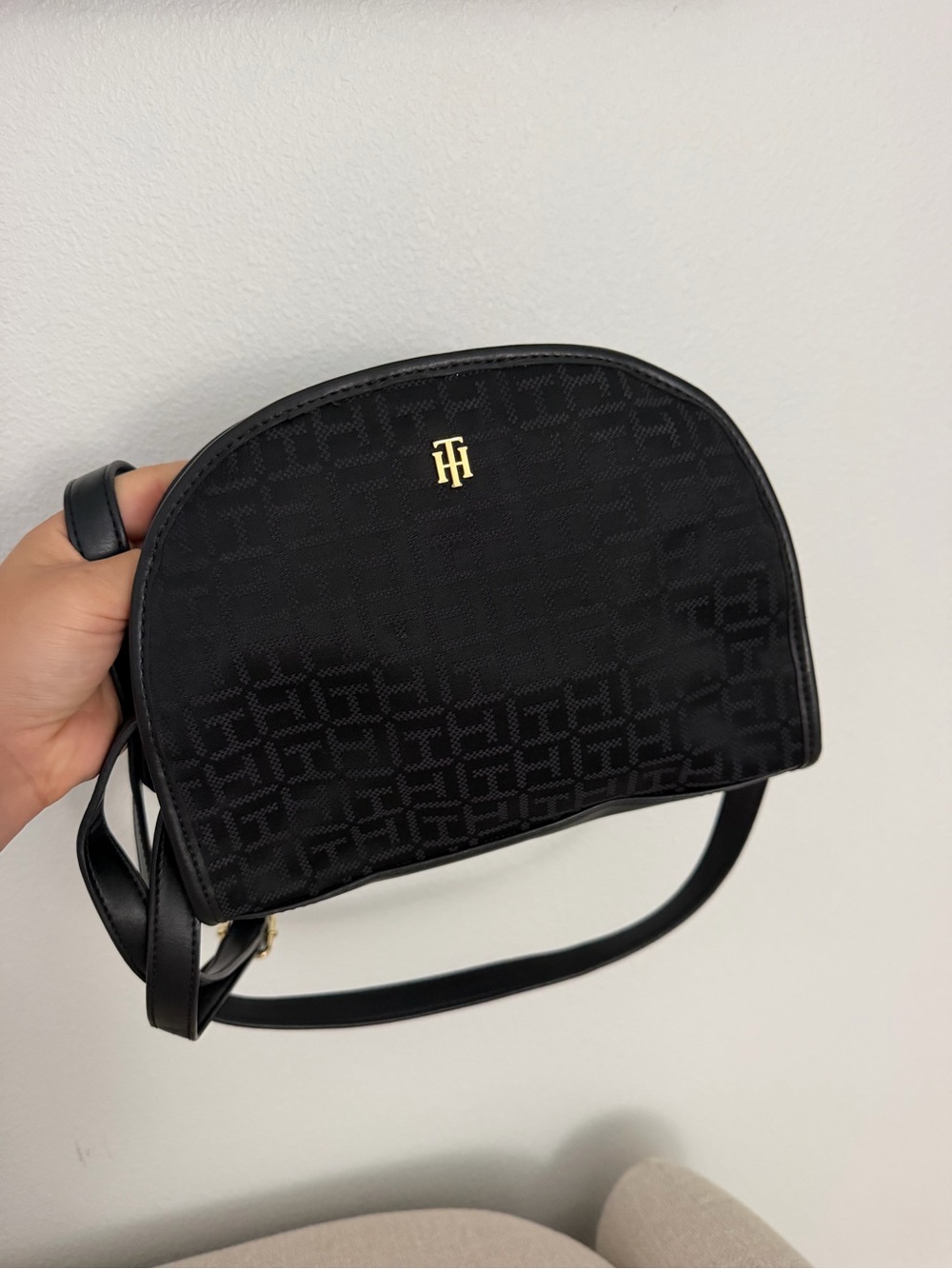 Tommy Hilfiger Black Monogram Crossbody with Gold Logo